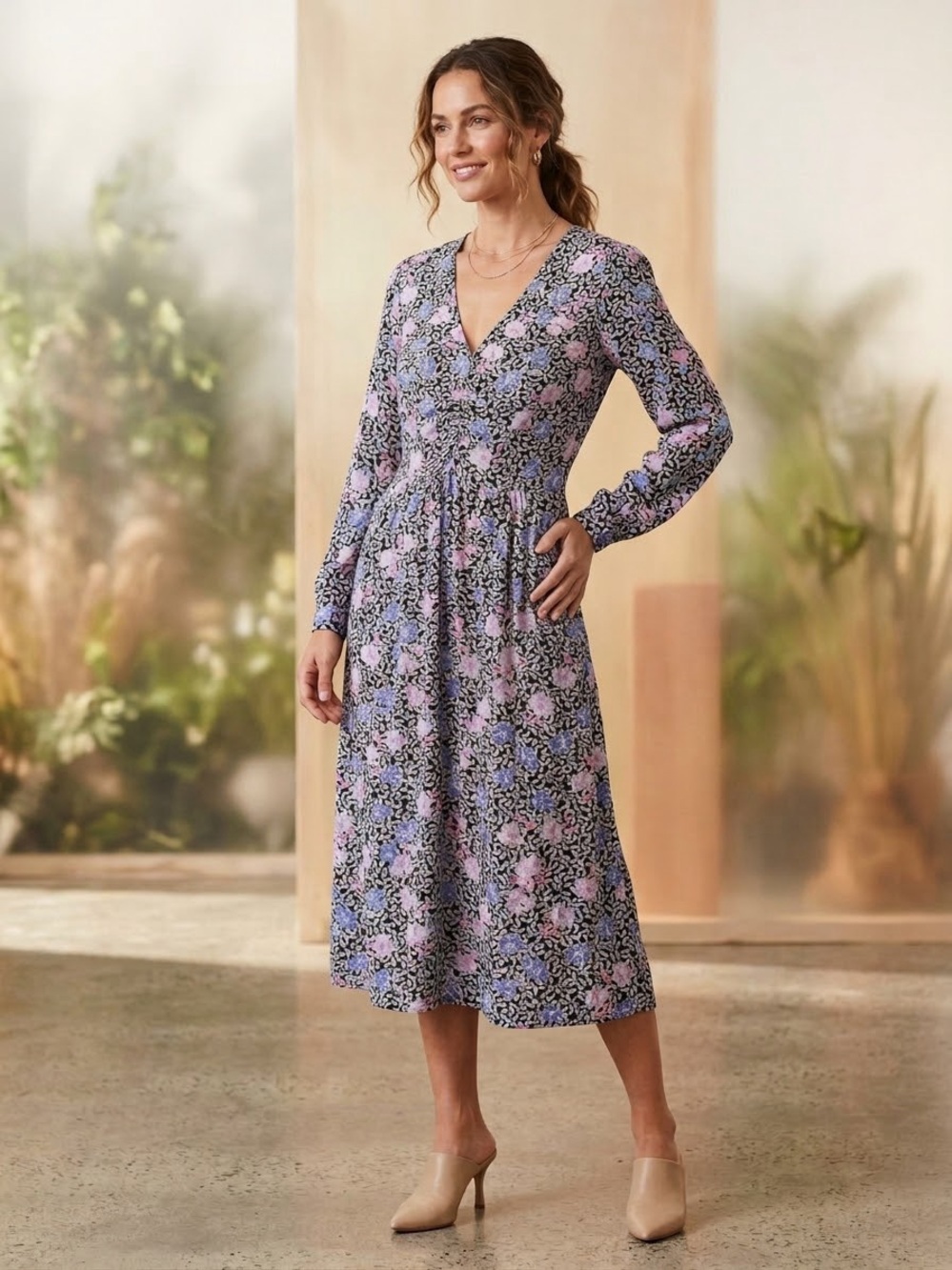 LOFT Blue and Pink Pleated Dress